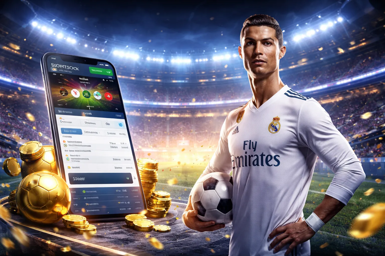 Sân vận động bóng đá với ánh đèn rực rỡ, biểu tượng cá cược thể thao sky888 online